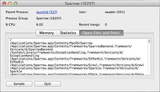 The open files and ports tab