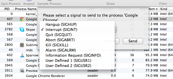 The send signal menu