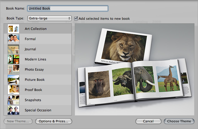The Photo Book creation menu in Aperture.