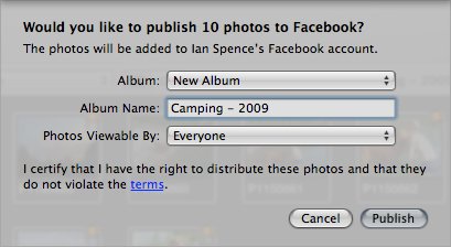 The Facebook sharing menu in Aperture.