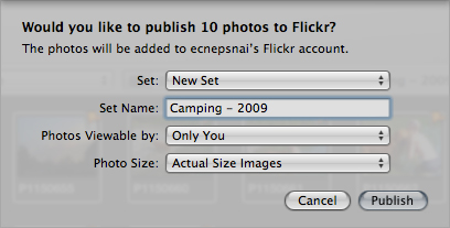 The Flickr sharing menu in Aperture.