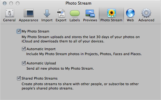 The Photo Stream preferences in Aperture.