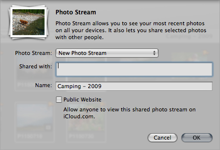 The Photo Stream sharing menu in Aperture.