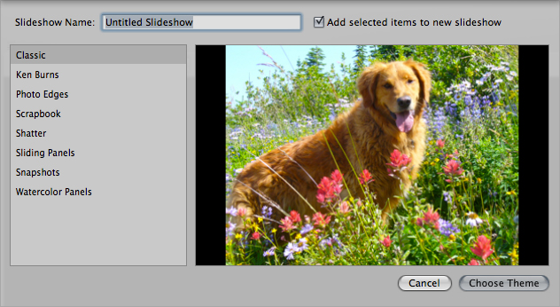 The Slideshow creation menu in Aperture.