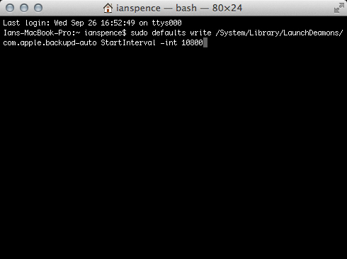 Change Time Machines backup interval with this command.