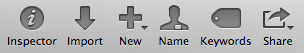 The toolbar at the top of Aperture gives you one click access to the Inspector, Import, New, Name, Keyword, and Sharing tool.