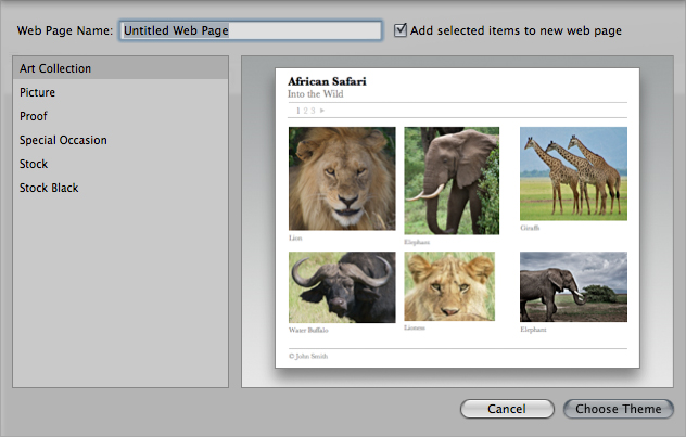 The Web Page creation menu in Aperture.