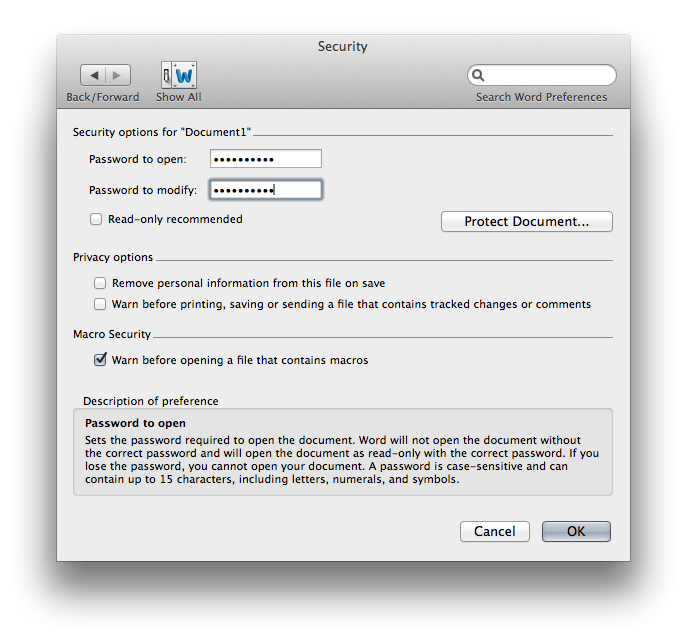 Open Password requires users to enter a password to see the document. Modification password requires users to enter a password to edit the document.