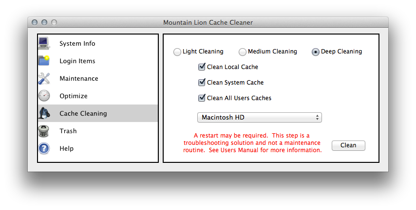 The Cache Cleaning page in Mountain Lion Cache Cleaner.