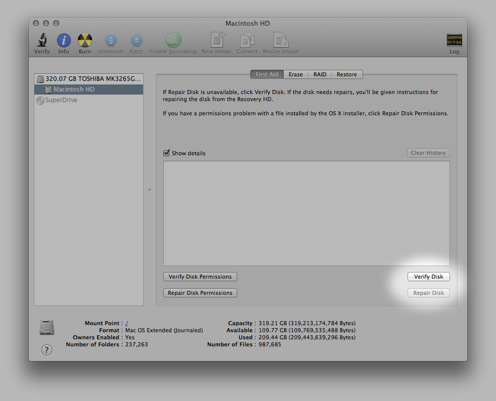 The Disk Verification Tools inside Disk Utility.