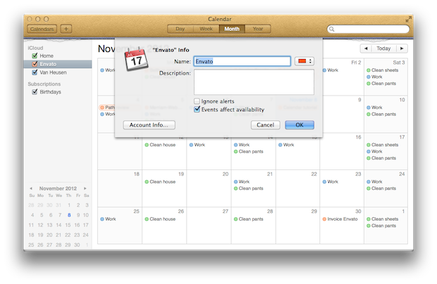 Using the Get Info pane to edit an existing calendar.