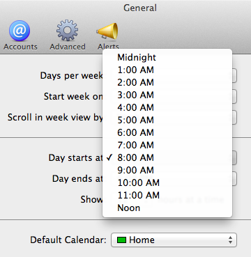 Selecting when the day starts in the General tab.