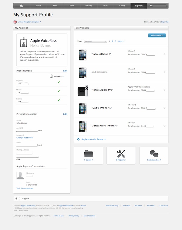 Apple Support Profile Page