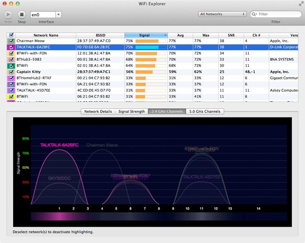 WiFi Explorer scans the area and provides information about all detected wireless networks