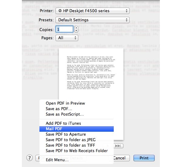 OS X includes a function to automatically convert a file as PDF and attach it to a new email message.