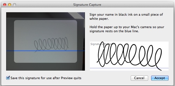 Preview captures a signature using the Mac’s FaceTime camera.