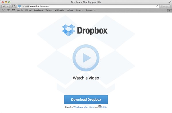 The Dropbox main page is very minimal and makes it really easy to download the app.