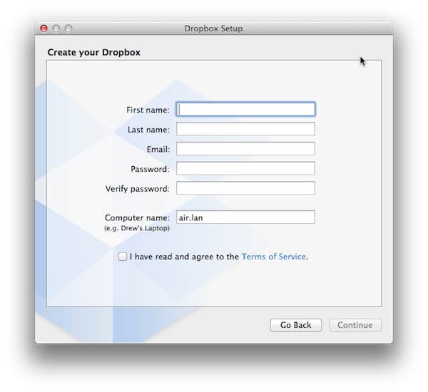 You can register for a new Dropbox account during the setup process.