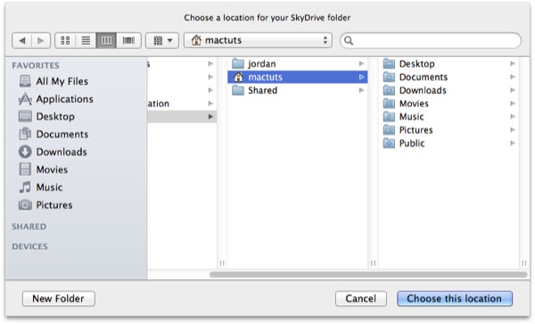 SkyDrive does specify the default location as your home folder when you choose the location, so usually it’s best just to click Choose this Location.