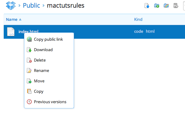 Step 4: Visit Dropbox and log-in. Go to your Public folder and then into your mactutsrules folder, followed by right-clicking on the index.html file.