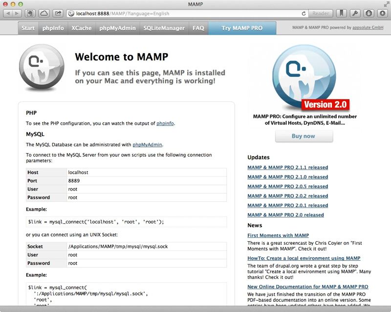 MAMP’s start page.