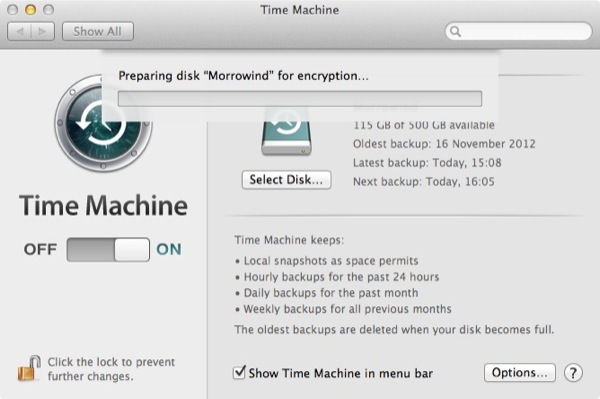 Time Machine can also take a long time to encrypt the drive depending on speed and size