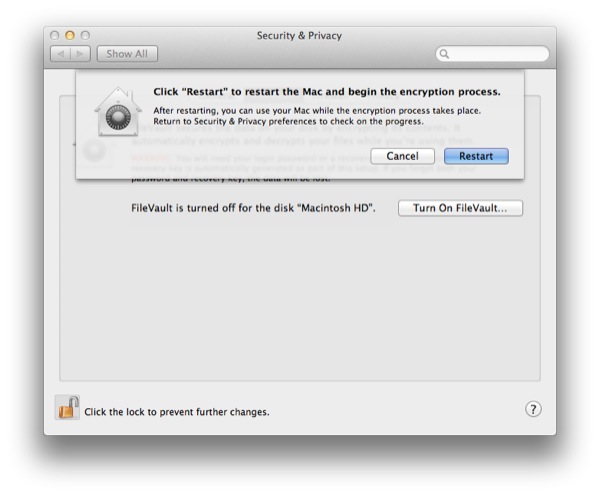 Once you’ve set up FileVault, make sure you’re not going to need your Mac for a while, it can take some time to complete.