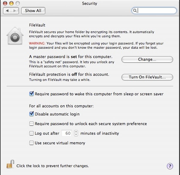 FileVault was probably the scariest of all the system preferences. Look at that red writing! Thankfully, FileVault 2 has much less a reason to be scary!