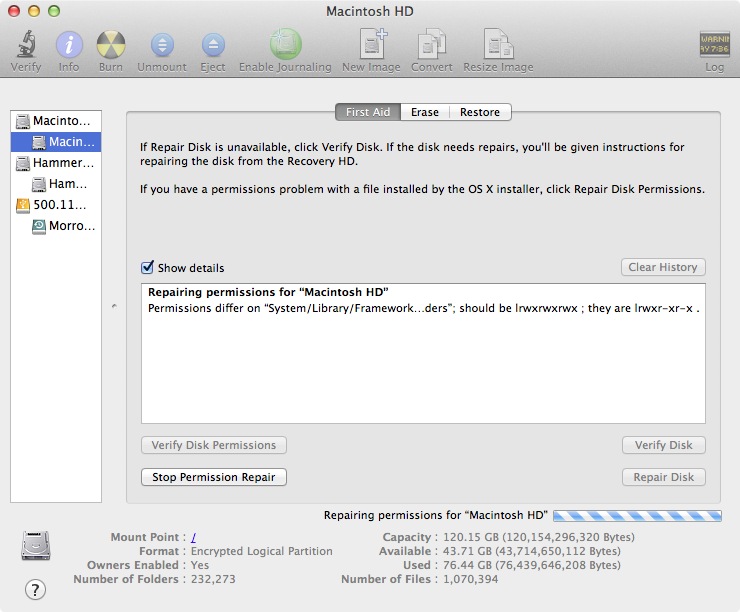 Disk Utility’s permissions repair is straightforward to use