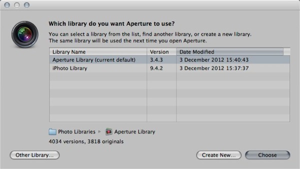 Aperture will display a message to ask you choose a library, click Other Library