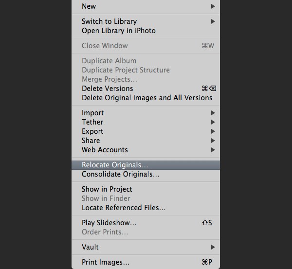 If you’re using Referenced Files in Aperture, you’ll then need to move your referenced files using the File menu in Aperture.