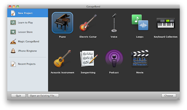 Creating a new project in GarageBand