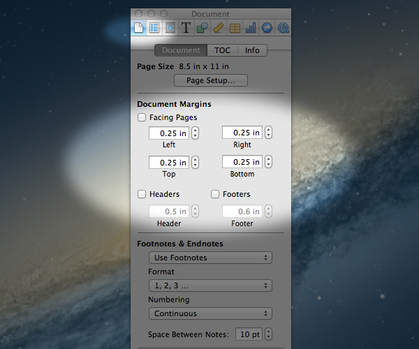 Use The Inspector Panel To Make Changes To The Page Layout Such As The Margins and Headder/Footer
