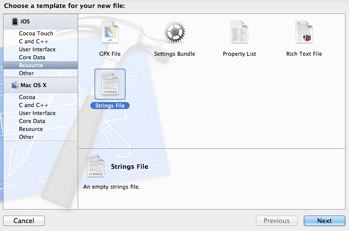 Localization: screenshot of adding a strings file