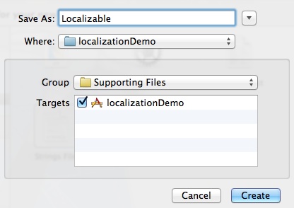 Localization: screenshot of naming the strings file