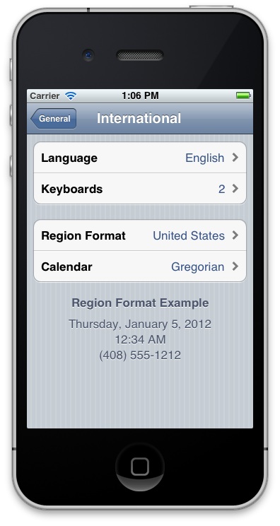 Localization: screenshot showing the Language section of settings