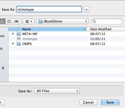 Screenshot: placing the mimetype file