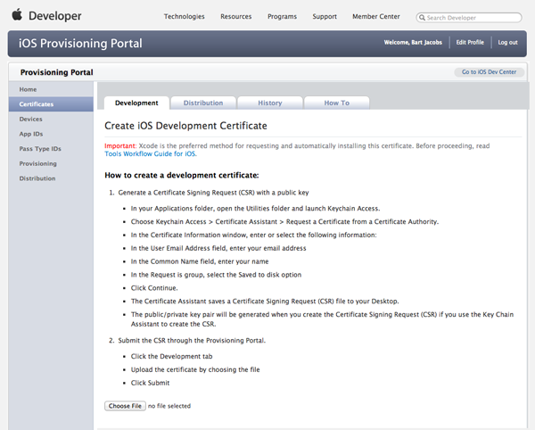 Certificates and Provisioning Profiles - Upload the Certificate Signing Request - Figure 7