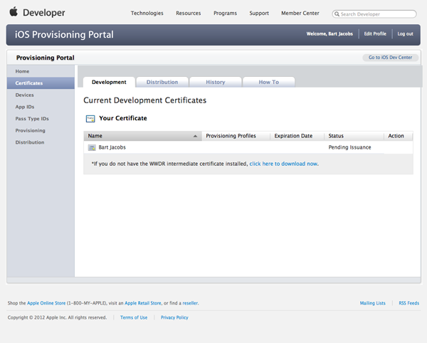 Certificates and Provisioning Profiles - Certificate Pending Issuance - Figure 8