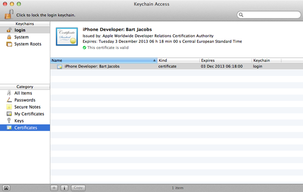 Certificates and Provisioning Profiles - Certificate Added to Login Keychain - Figure 11