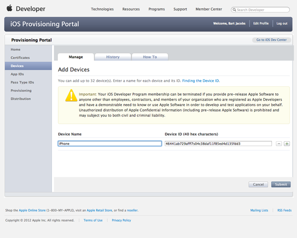 Certificates and Provisioning Profiles - Adding a New Device in the Provisioning Portal - Figure 12