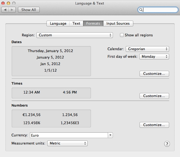 Adjust date, time and number formats throughout the OS