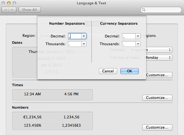 Adjust the number and currency separators