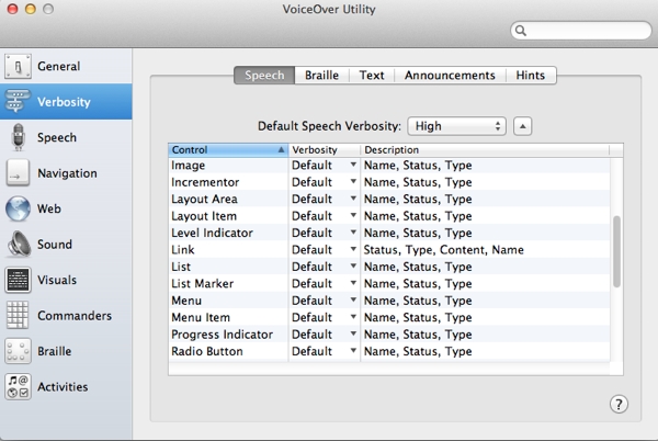Verbosiy settings allow you to define just how much you want to be read to you
