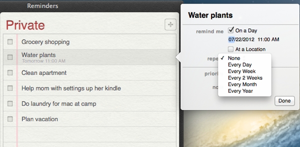Using repeating reminders, so you only have to create a reminders once