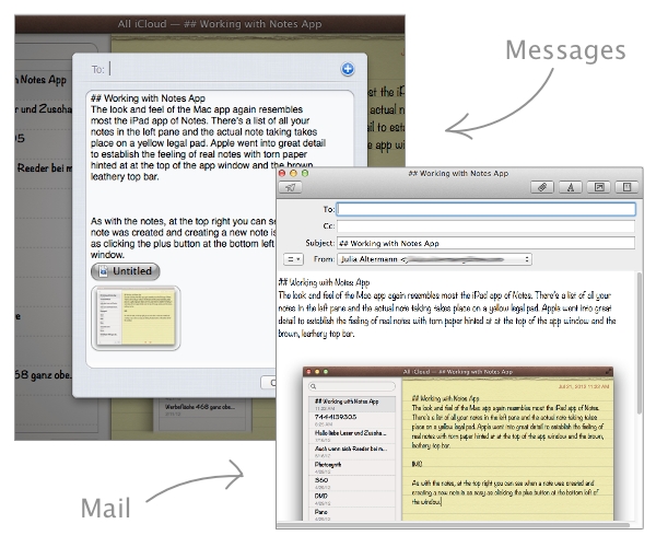 When sharing notes via Messages or Mail, media files will be included
