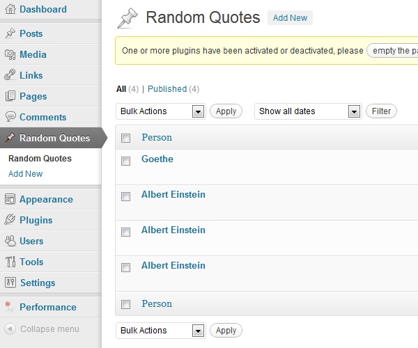Listing of custom posts (quotes)